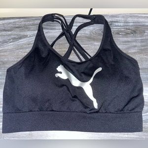 Large Puma Women’s Sports Bra- black with silver puma- criss cross back